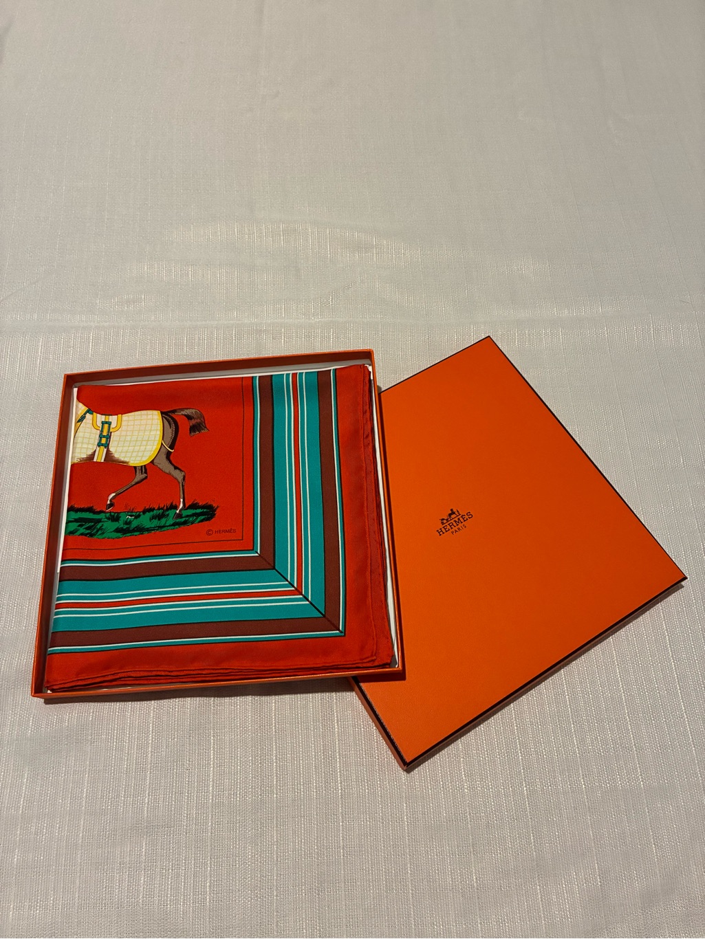 Hermes âCouvetures Et Tenues De Jourâ Silk Scarf 90 Orange Red Like New With Box